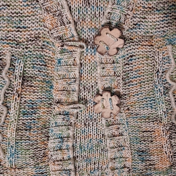 BCBG Colorful Rainbow Ribbed Scallop Trim Flower Button V-Neck Knit Cardigan - Picture 11 of 13